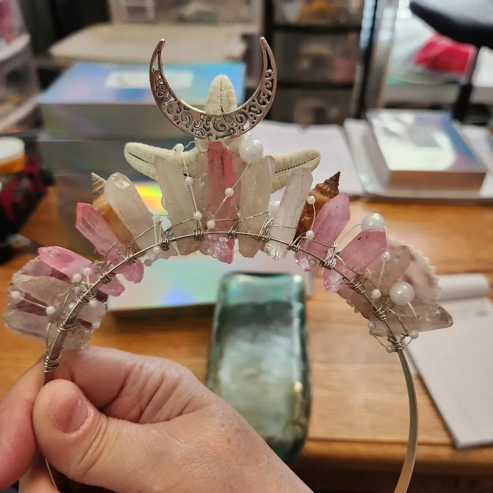 Mermaid Crown Pink & White Crystal Quarts, Shell, & Silver Moon!